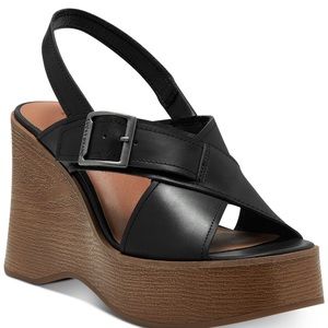LUCKY BRAND Delaynee Platform Wedge Slingback Sandal Black Leather Sz 8.5 NWOT